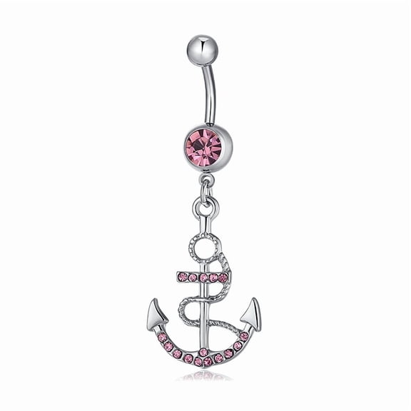 1pc Piercing Jewelry Brass Cubic Zirconia Navel Ring Belly Rings with 304 Stainless Steel Bar Lead Free & Cadmium Free Anchor Hot Pink Platinum 54x19mm Bar Length: 3/8"(10mm) Bar: 14 Gauge(1.6mm)