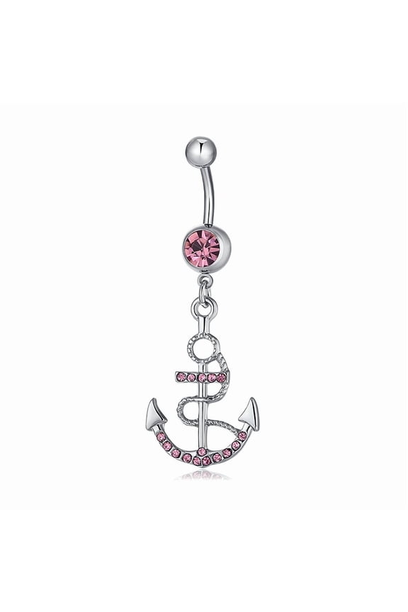 1pc Piercing Jewelry Brass Cubic Zirconia Navel Ring Belly Rings with 304 Stainless Steel Bar Lead Free & Cadmium Free Anchor Hot Pink Platinum 54x19mm Bar Length: 3/8"(10mm) Bar: 14 Gauge(1.6mm)