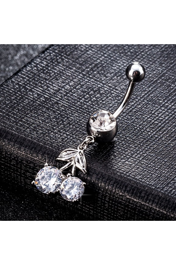 1pc Piercing Jewelry Brass Cubic Zirconia Navel Ring Belly Rings with Surgical Stainless Steel Bar Cadmium Free & Lead Free Cherry Platinum 40x13mm Bar: 15 Gauge(1.5mm) Bar Length: 3/8"(10mm)