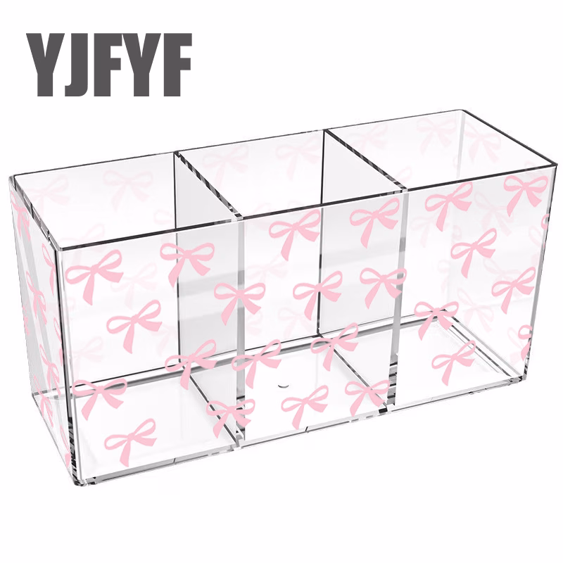 1pc Pink Acrylic Storage Box with Ribbon Design 3 Compartments Cute Makeup Brush Holder Space Saving Rack for Bathroom Office Vanity Desk