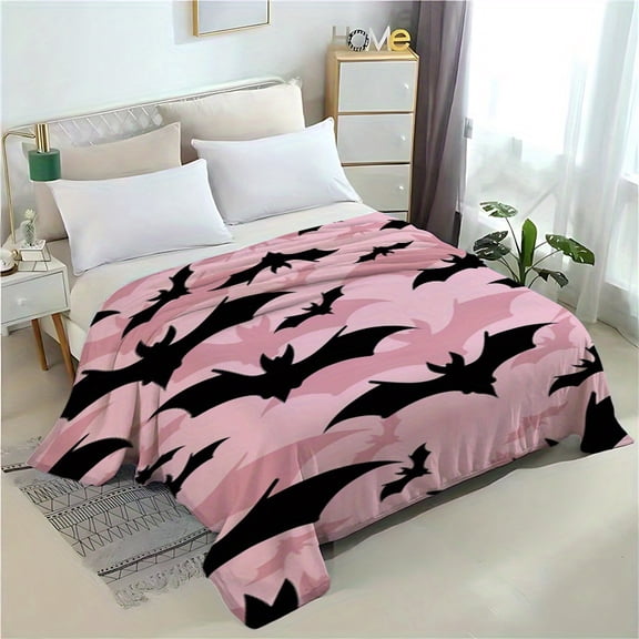 1pc Pink & Black Bat Pattern Flannel Blanket - Soft Cozy Bedspread with Bat Silhouettes, All-Season Bed Cover & s, Machine Washable Sofa Bed Car Travel Camping Gift, Gothic Bedding Accessory, Leopard