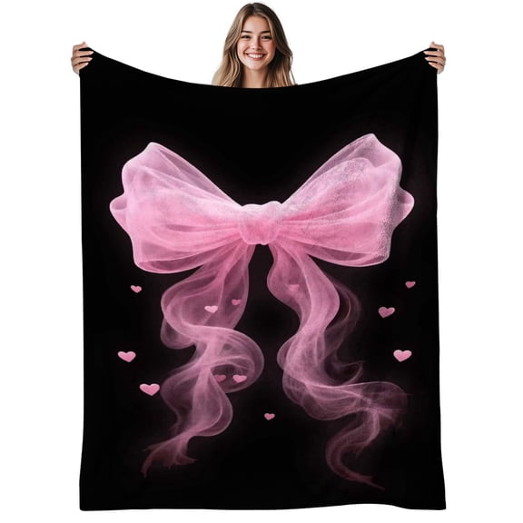 1pc Pink Bow Flannel Blanket - Soft Warm Bedspread with Bow Accent, 280GSM Cozy Bed Cover for Sofa or Bed, All-Season Comforter for, Christmas Gift, Contemporary Bedding Accessory