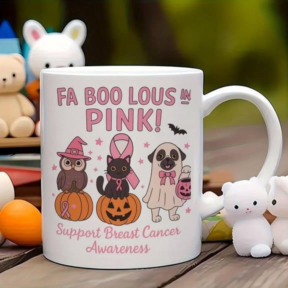 1pc Pink Breast Cancer Awareness Ceramic Mug with Pug Dog Ribbon Design 11oz Halloween Christmas Support Women Microwave Coffee Cup Tea Hot Drinks Han