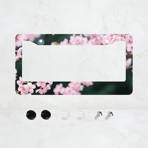 1pc Pink Cherry Blossom Pattern 2 Hole License Plate Frame, Aluminium Material, 6x12 Inches, with Screw Kit, Retro Novelty Car Decoration Gift, Fits US Standard License Plate Size