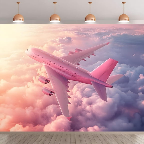 1pc Pink Clouds and Airplane Backdrop tapestry with Large White Airplane & Pastel Pink Clouds - Reusable Non-Electric Party Decoration Birthday, Wedding, Shower, Room - Pink Theme Party Decor