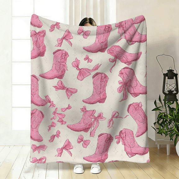 1pc Pink Cowgirl Boots Bows Fleece Blanket - Western Cowgirl Theme Soft Warm Bedspread Suitable for All Seasons, Cozy Couch Bed Covering, Western or Cowgirl Room Decor, Gift Idea