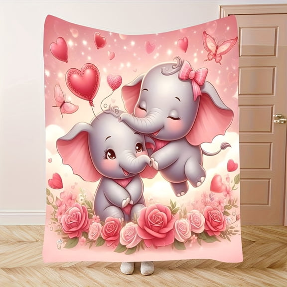 1pc ' Pink Elephant & Baby Animal Print Flannel Blanket Plush Baby All Season Bedspread Bed Cover Travel & Camping Gift for Soft Cozy Bedding for Room Decor (Machine Washable)