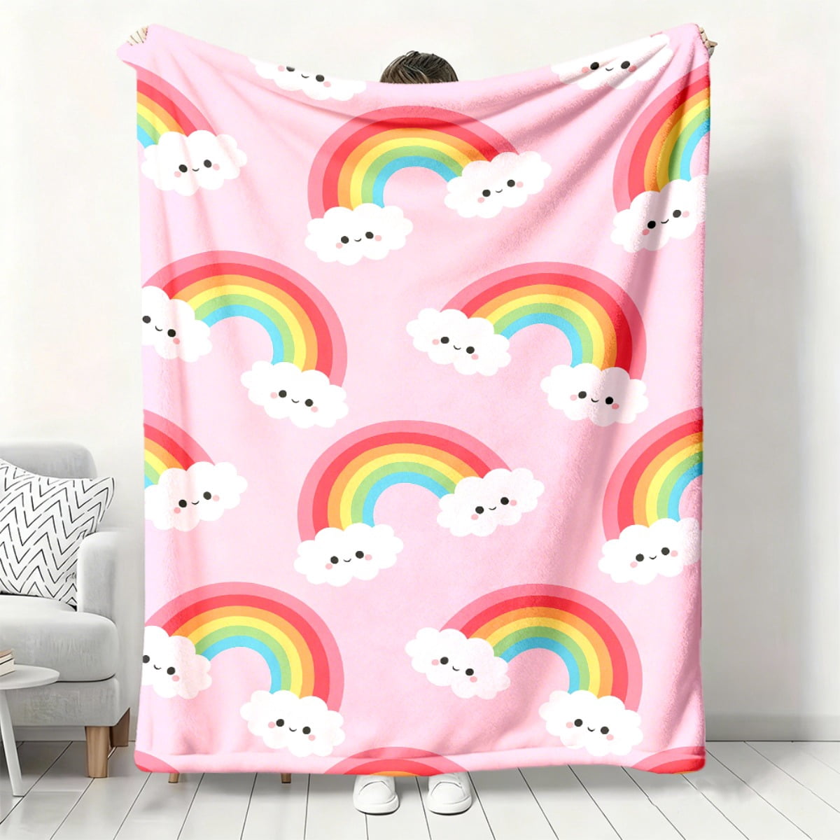 1pc Pink Flannel Blanket with RAINBOW & Clouds Design - Soft Breathable ...