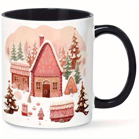 1pc Pink Gingerbread House Mug with Snowy Roof Pine Trees Candy Decorations Hot Beverage Cup Christmas Valentine s New Year Halloween Easter Mother s
