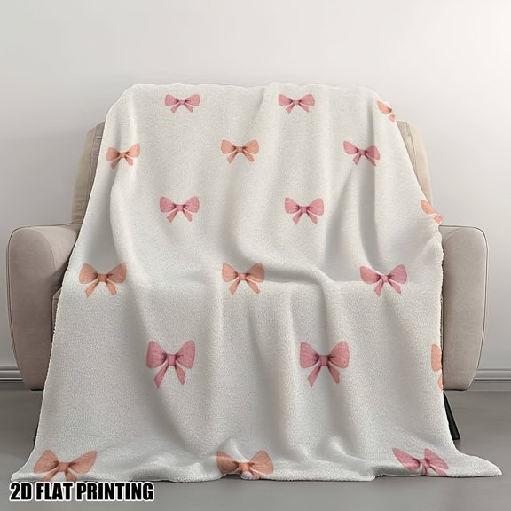 1pc Pink Peach Beige Bow Accent Flannel Throw Blanket - Ultra-Soft Snuggly All-Season Bedspread, Sofa Bed Cover with Pink Peach Bows on White - Cozy Bedding for s &,, Couch, Chair