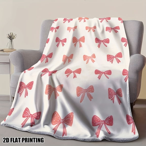 1pc Pink Polka Dot Bows Printed Flannel Throw Blanket - Soft All-Season Cozy Bedspread, Sofa, Office Chair, or Terrace Decor - Machine Washable & Durable, Contemporary Home Textile For Bedroom & Livi