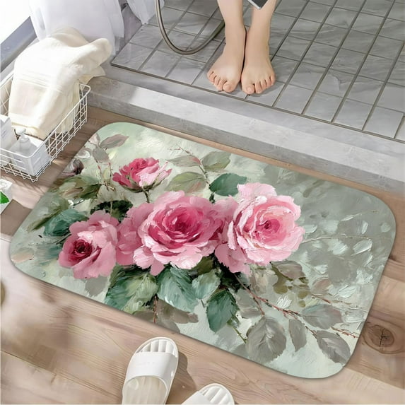 1pc Pink Roses Absorbent Non-Slip Bathroom Thickened Flannel Rug Decor,Soft,Quick Drying,Suitable For Indoor/outdoor Use,Bathrooms,Bedrooms,Kitchens,Terrace,Laundry Rooms,16"x24"