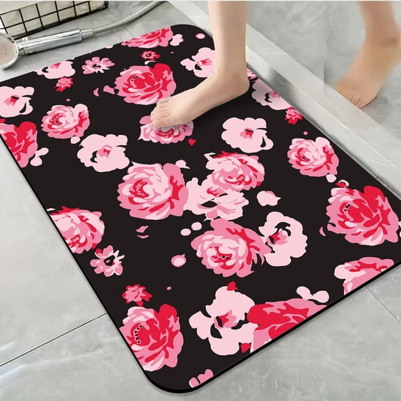 1pc Pink Roses on Black Background Bathroom Rug Bathroom Decor and Accessories- Durable,Anti Slip,And Quick Drying,Suitable For Indoor/outdoor Use - Perfect For Bathrooms,Bedrooms,Kitchens