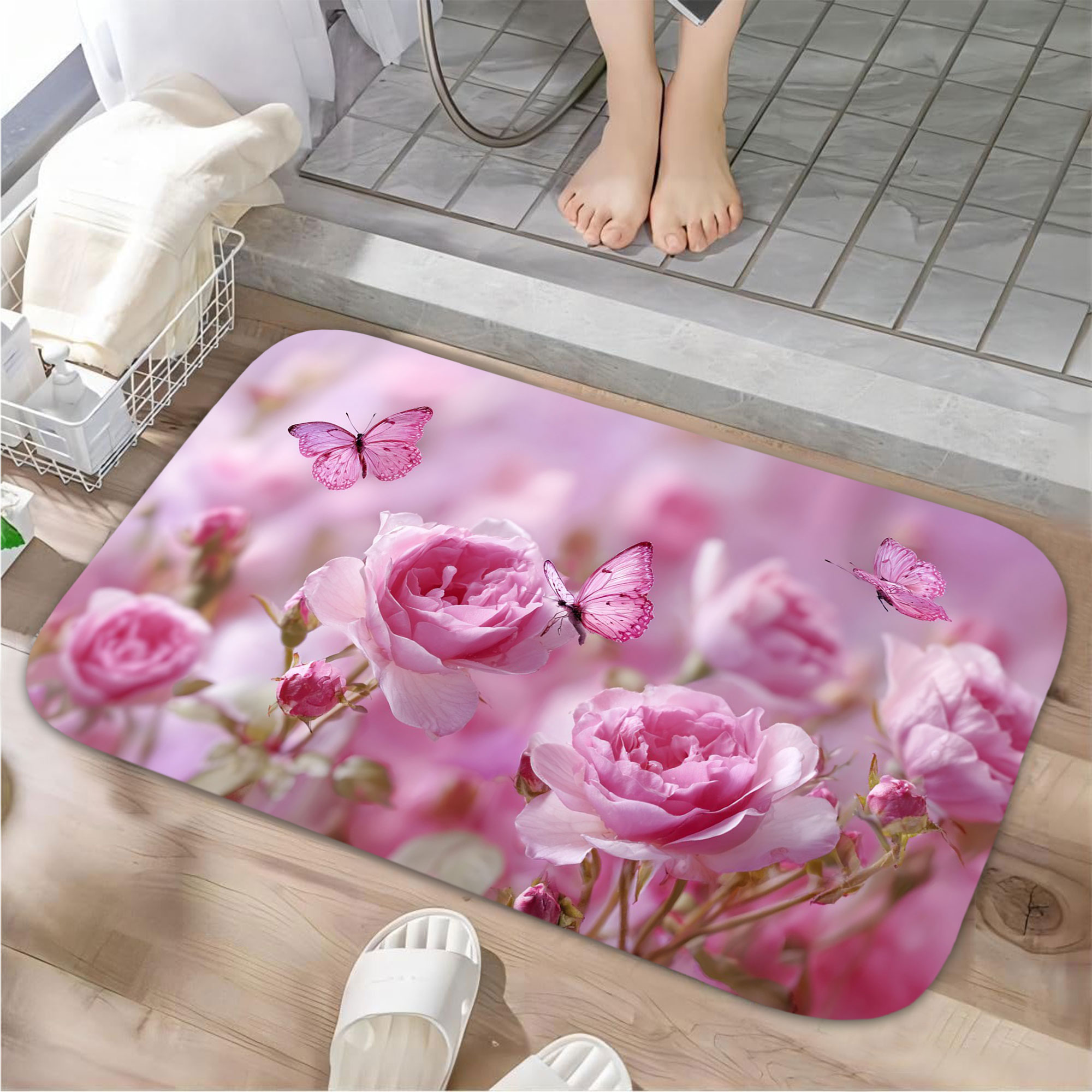 Pink Butterfly Rugs 1pc Pink Roses and Butterflies Absorbent Non-Slip Bathroom Thickened ...