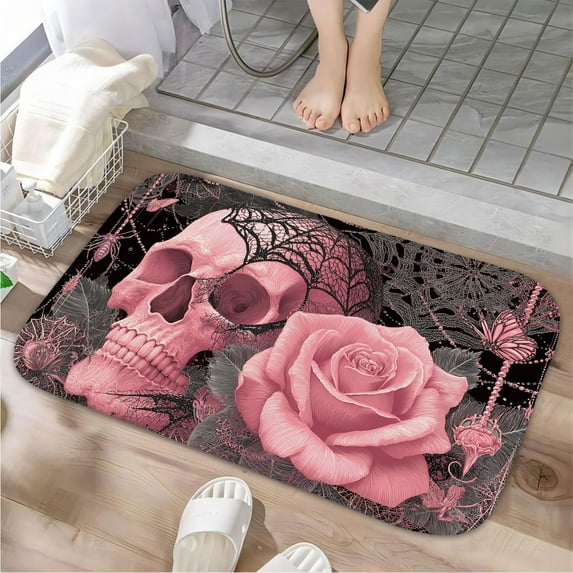 1pc Pink Skull with Rose Absorbent Non-Slip Bathroom Thickened Flannel Rug Decor,Soft,Quick Drying,Suitable For Indoor/outdoor Use,Bathrooms,Bedrooms,Kitchens,Terrace,Laundry Rooms,16"x24"