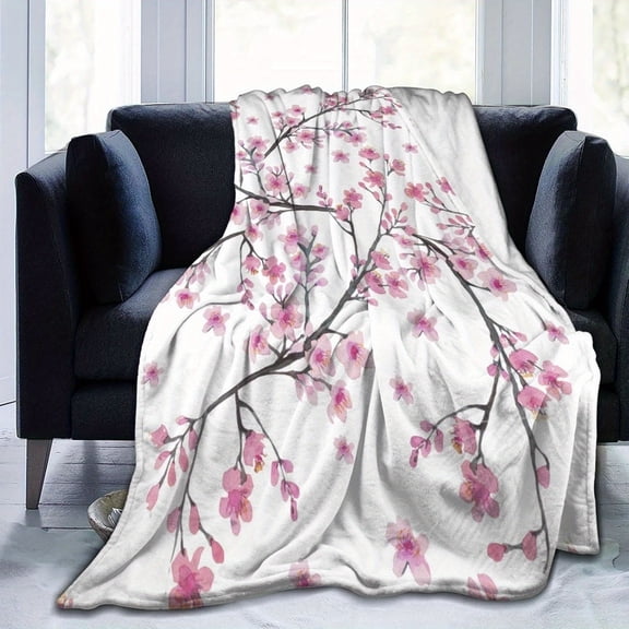 1pc Pink & White Cherry Blossom Flannel Blanket – Super Soft, Cozy All-Season Throw for Sofa or Bed, Plush Travel Blanket with Vintage Floral Print