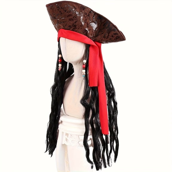 1pc Pirate Captain Hat with Curly Hair Wig - Perfect for Halloween, Cosplay, and Themed Parties
