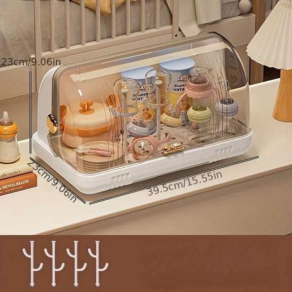 1pc Plastic Baby Bottle Organizer with Lid - Dustproof Storage Box for Baby Bottles, Sippy Cups, and Dishes - Includes Drainer Rack (White), Ideal for Nursery and Kitchen Use, Nursery Organizer