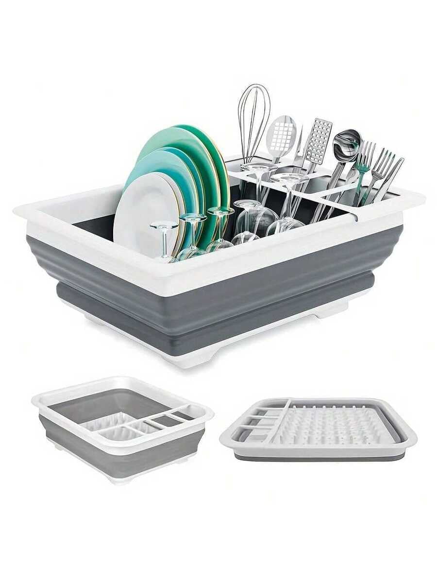 1pc Plastic Dish Rack, Collapsible Dish Drying Rack With Utensil Holder, Foldable Tableware Storage Rack, Kitchen Storage Basin, Space-Saving Sink Drainer For Home, RV