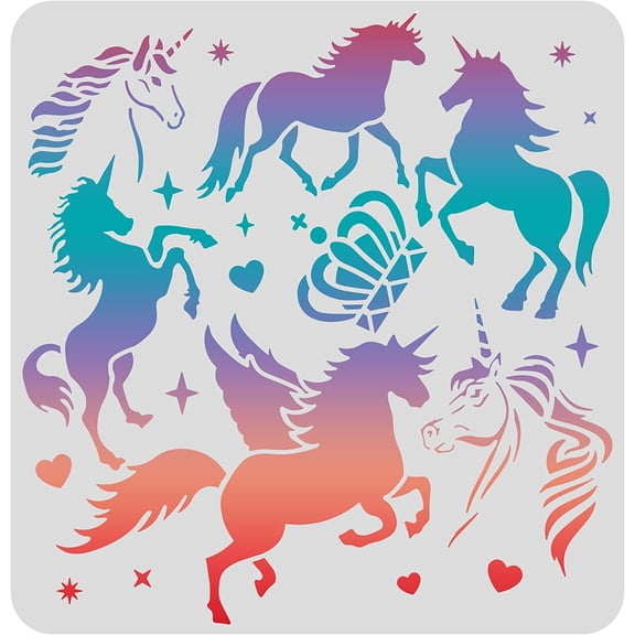 1pc Plastic Reusable Drawing Painting Stencils Templates for Painting on Scrapbook Fabric Tiles Floor Furniture Wood Square Unicorn Pattern DIY