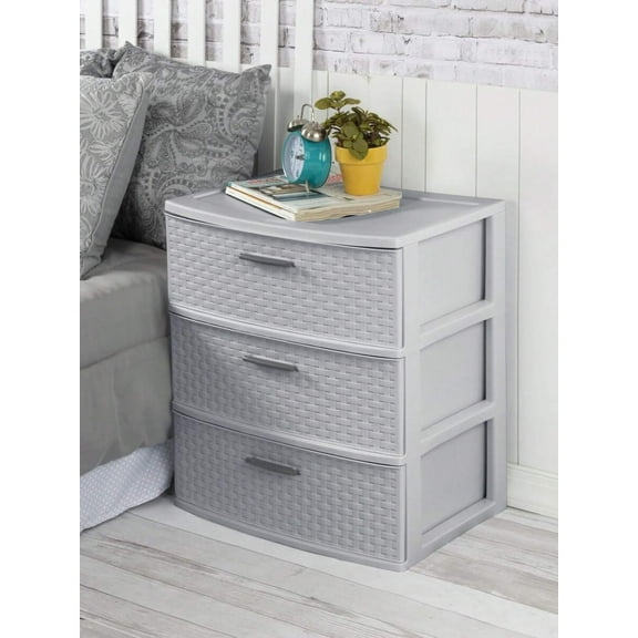 1pc Plastic Weave Storage Tower - 3 Opaque Drawers (15.875"D×21.875"W×24"H) - Pull Handles, Drawer Stop, Easy Clean - Gray, Ideal for Living Room/Bedroom