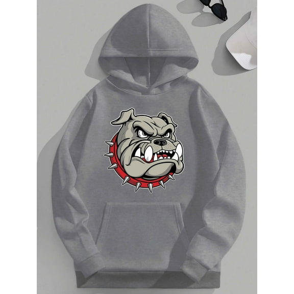 1pc Plus Size Men'S Casual Polyester Hooded Sweatshirt with Fierce Bulldog Print, Knitted Fabric, Loose Fit, Hooded Collar