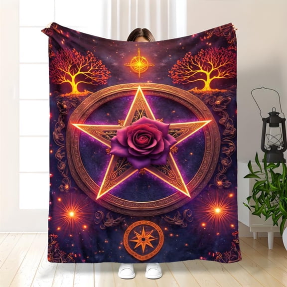1pc Plush Soft Occult Throw Blanket Suitable for Meditation - Enchanted Pentagram & Rose Witchy Bedspread, Magical Bedspread for Wiccan/Pagan Decor, Cozy Warm Gift, Mystical Symbolism (Ideal for)