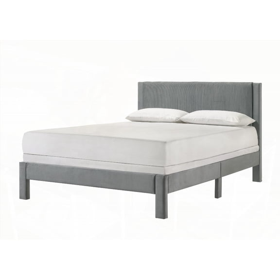 1pc Plush Upholstered Queen Bed - Low-profile Frame & Ribbed Headboard