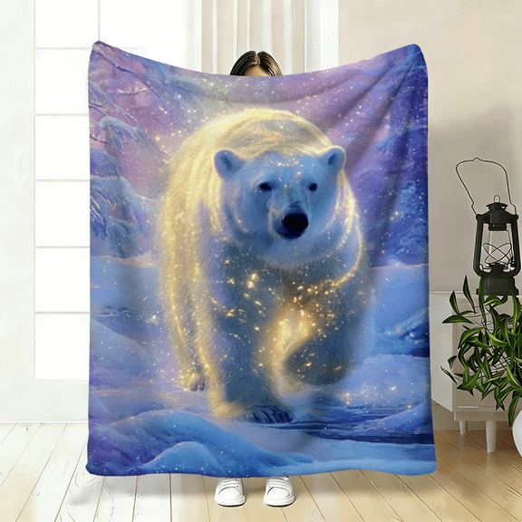 1pc Polar Bear Icy Scene HD Printed Blanket 280GSM, Soft Warm Flannel for Travel Camping Sofa Bed, 3 Sizes Available, Mixed Color, Livingroom Couch Chair