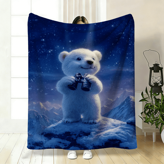 1pc Polar Bear On Rock HD Printed Blanket. Soft and Warm Flannel Blankets for Travel, Camping, Sofa, Livingroom, Couch, Chair, Bed. Gift for Family or Friends.