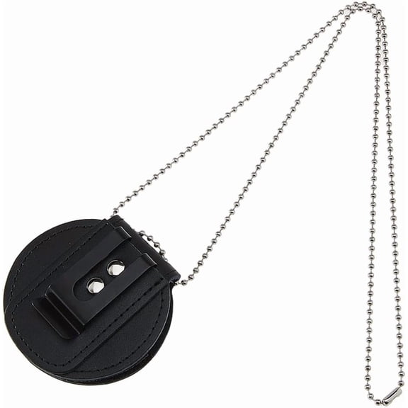 1pc Police Badge Holder Universal Cowhide Leather Belt Clip Round Security Badge Clip with Rivets and Iron Chain for Law Sheriff Enforcement Officer