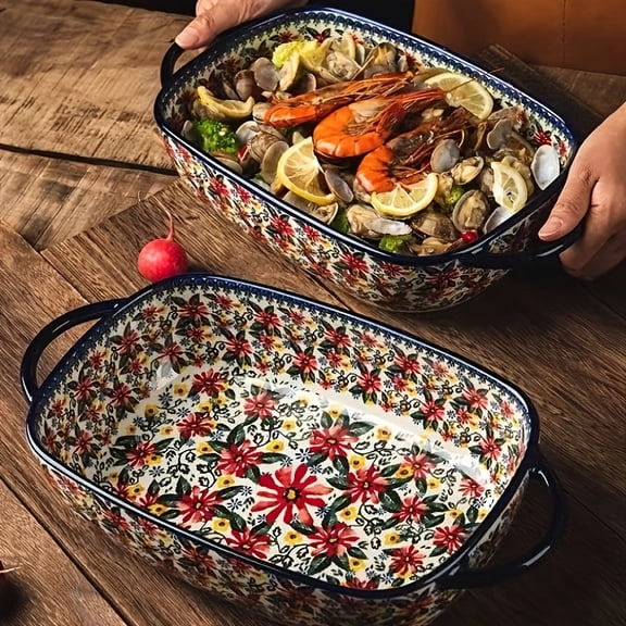 1pc Polish Ceramic Baking Dish with Two Ears, Home Hand-Painted Embossed Salad Plate, Cheese Baked Rice Plate, Rectangular, All-Season Dinner Plate for Everyday Use