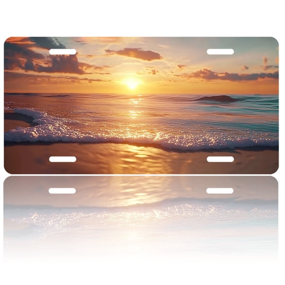 1pc Polished Aluminum License Plate Beach Sunset Waves Suitable All Vehicles, Scratch-resistant, Waterproof and Rustproof, Pre-drilled, Unisex, Perfect Gift, Car Accessory, Holiday Decor