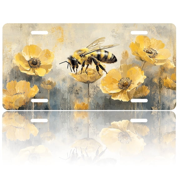 1pc Polished Aluminum License Plate Bumblebee On Yellow Suitable All Vehicles, Scratch-resistant, Waterproof and Rustproof, Pre-drilled, Unisex, Perfect Gift, Car Accessory, Holiday Decor