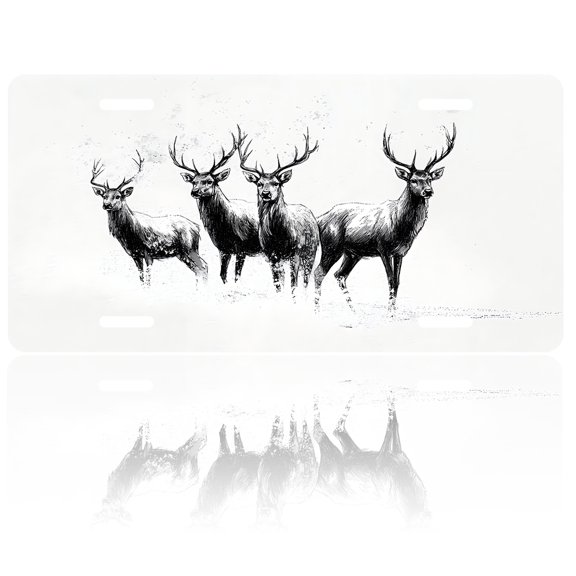 1pc Polished Aluminum License Plate Four Stags Ink Suitable All Vehicles, Scratch-resistant, Waterproof and Rustproof, Pre-drilled, Unisex, Perfect Gift, Car Accessory, Holiday Decor