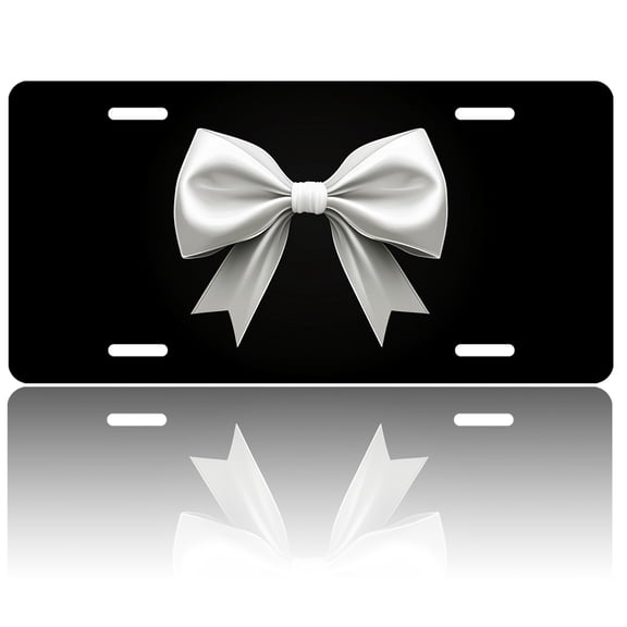1pc Polished Aluminum License Plate White Satin Bow Suitable All Vehicles, Scratch-resistant, Waterproof and Rustproof, Pre-drilled, Unisex, Perfect Gift, Car Accessory, Holiday Decor