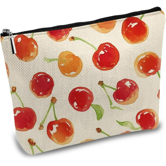 1pc Polycotton Custom Canvas Storage Bags Metal Zipper Pouches Rectangle with Pattern Cherry 18x25cm