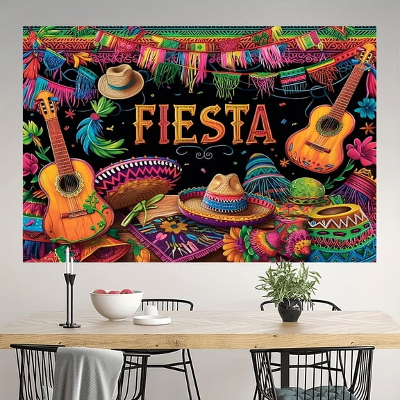 1pc Polyester 100x150cm Fiesta Backdrop, Mexican Carnival Theme with Cactus & Guitar, No Electricity Needed, Versatile Party Decor for Birthday & Cinco De Mayo, Durable Photo Booth Prop