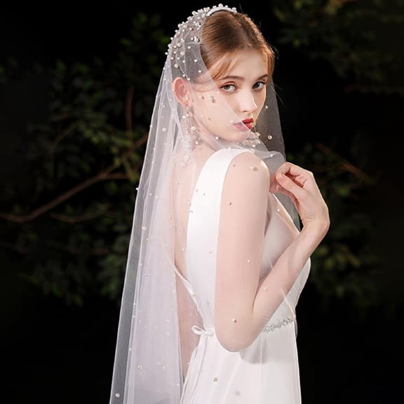 1pc Polyester Bridal Mesh Veil with Metal Hair Combs and Imitation Pearl for Women White 950mm