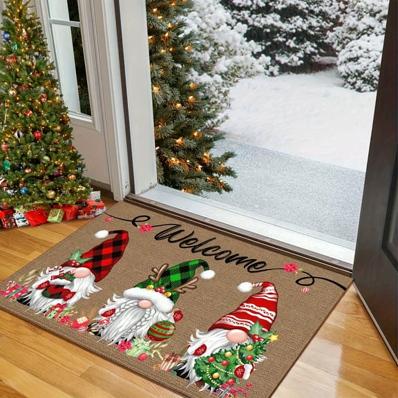 1pc Polyester Christmas Gnome Welcome Doormat - Cute Gnome House Pattern, Non-Slip & Washable, Perfect for Home & Christmas Decoration or Gift