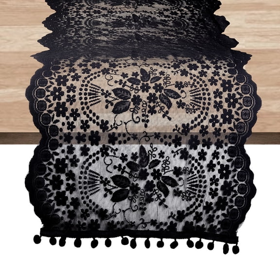 1pc Polyester Lace Table Runner for Dining Table Rectangle with Flower Pattern Black 470x1920x0.5mm