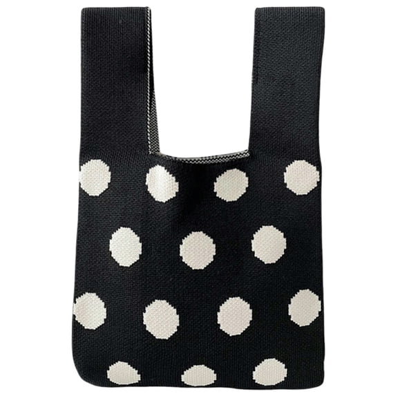 1pc Polyester Polka Dot Knitted Tote Bags Cartoon Crochet Handbags for Women Black 36x20cm