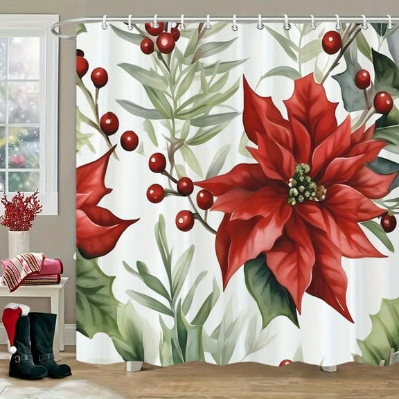 1pc Polyester Shower Curtain - Christmas Bathroom Decor with Hooks, Red Poinsettia Floral pattern - High Quality Fabric Bath Curtain for Tub, 72x72 inch