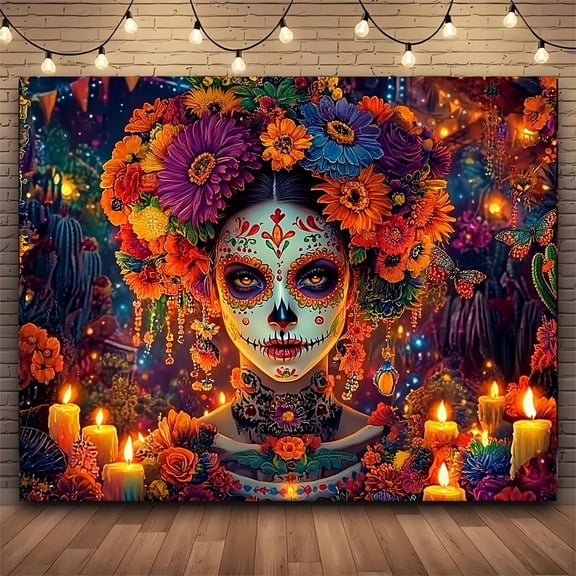 1pc Polyester Sugar Skull Tapestry Vibrant Day of the Dead Wall Decor Ideal for Mexican Fiesta Party Backdrop Photo Booth Prop Celebration Decoration