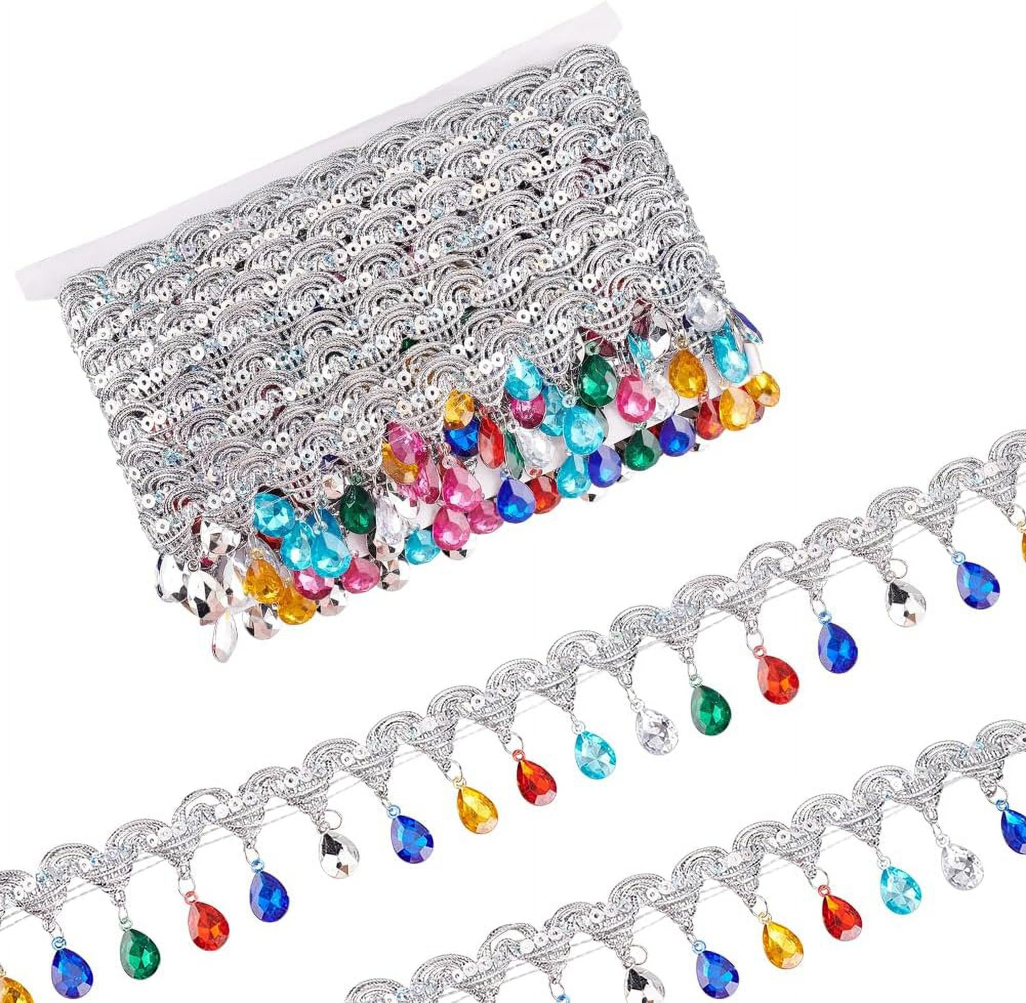 1pc Polyester Tassel Lace Ribbon Sparkle Paillette Lace Trim with Colorful Plastic Rhinestone Fringe Trimming for Garment Accessories Silver 1-7/8 inch(48.5mm) 9.84 Yards(9m)/pc