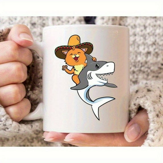 1pc Porcelain Coffee Mug with Whimsical Mexican Shark Design Vibrant Sombrero Piñata Art Funny Lovers Shark Enthusiasts Durable Cup Daily Use Latino T