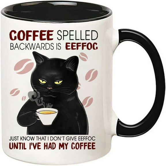 1pc Portable Ceramic Coffee Cup - Black Cat Design with Effoc Spelled Backwards - 11oz Travel Mug for On-the-Go Coffee Lovers