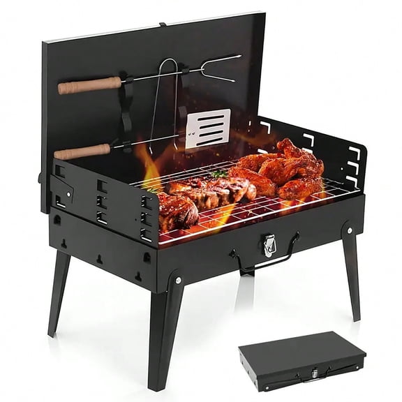 1pc Portable Charcoal BBQ Grill with Accessories, Folding Suitcase Barbecue Grill for Outdoor Picnics, Backyard Cooking, Camping, Travel, Food Safe Grill for Steak, Vegetables & More