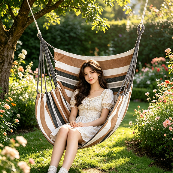 1pc Portable Outdoor Hammock Chair, Bright Striped Pattern Swing Hanging Chair With Reinforced Firm Ropes, Sturdy Comfortable Durable Leisure Hammock Swing Seat