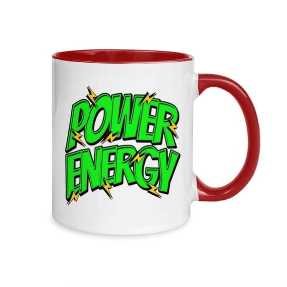 1pc Power Energy Coffee Mug with Comic Style Superhero Design 11oz White Ceramic Cup with Green Red Power Lettering Lightning Bolt Reusable Blue Green Black Golden White Grey Beige